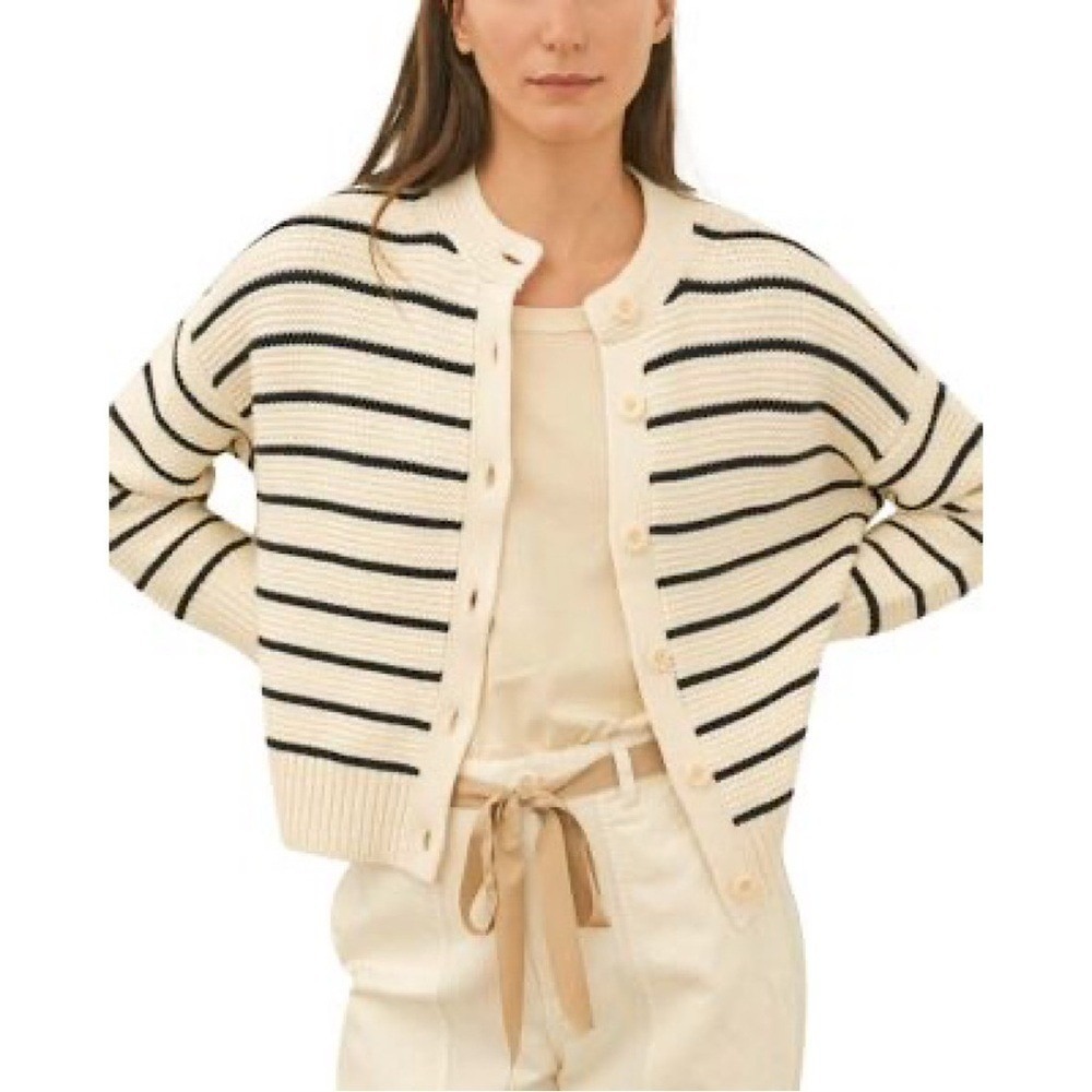 Alex Mill Nico Crewneck Cotton Cardigan Sweater Ivory Navy LARGE